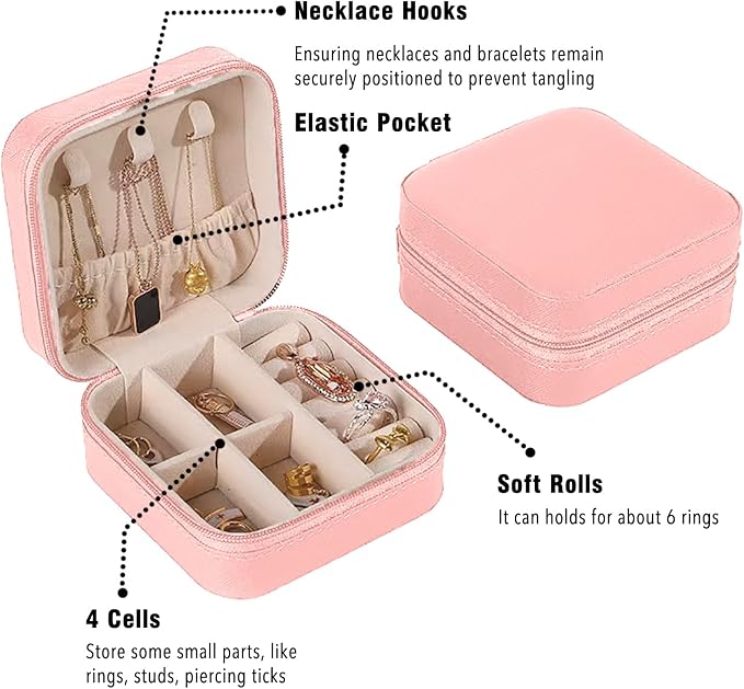 Small Travel Jewelry Box, Portable Mini Jewelry Leather Box Jewelry Ring Organizer Case Storage Holder Gift Boxes for Girls Women, Pink - Image 3