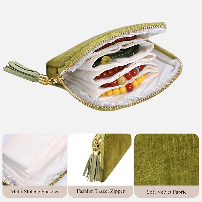 Stratalife Travel Jewelry Case Organizer for Women Wedding Gifts Portable Velvet Pouches for Travel Essentials Jewelry Crystal Bracelets Necklace Storage, Ring Holder Green Tassel - Image 3