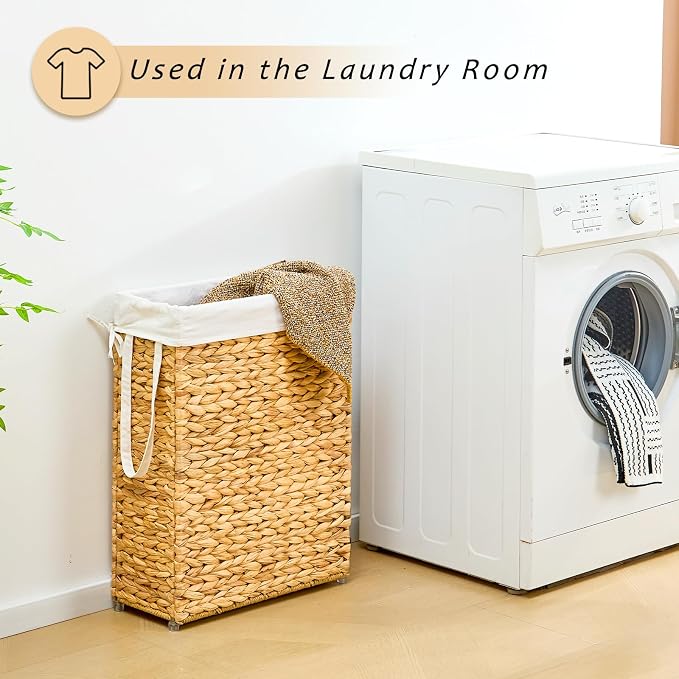 Handwoven Slim Laundry Hamper, 55L Narrow Laundry Basket, Natural Water Hyacinth Basket and Handles and Removable Liner Bag & 2 Mesh Bags (Natural, 55L) - Image 3
