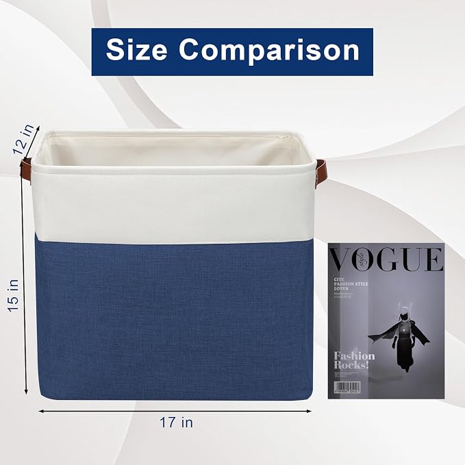 Bagnizer Large Fabric Storage Baskets | 50L Storage Bins, Decorative Linen Closet Baskets with Handles for Organizing, Shelf, Toys, Clothes, Home, Office, Nursery, 17x12x15Inches (Navyblue&White) - Image 3