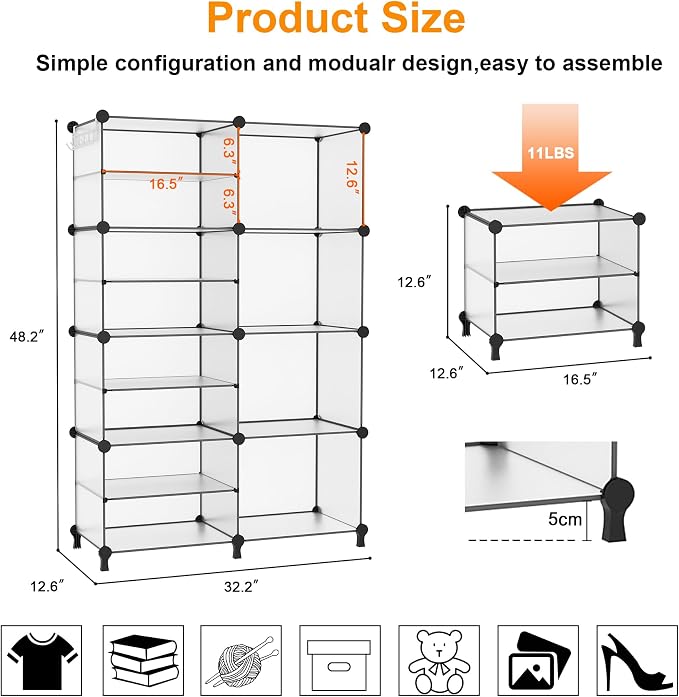 AWTATOS Closet Organizer 8 Cube Storage Shelves Clothes Organizers Closet Storage Stackable Cubby Shelving for Closet Bedroom Living Room Translucent - Image 3