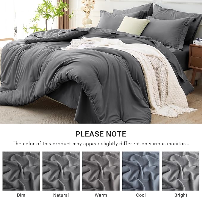 MUXHOMO 7 Pieces Full Comforter Set, Soft Bed in a Bag Full Size, All Season Bedding Set with Comforter, Flat Sheet, Fitted Sheet, Pillowcases & Shams, Dark Grey
