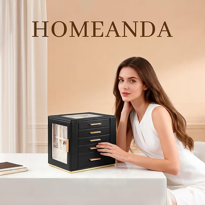 Homeanda Jewelry Box for Women with Glass Lid, 5 Drawers Jewelry Organizer and Storage for Necklaces, Rings, Earrings, Bracelets, Gift for Girls and Teens,PU Leather (Black) - Image 2