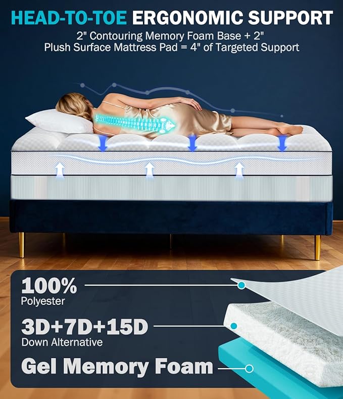 Dual Layer 4 Inch Memory Foam Mattress Topper Twin XL, 2" Cooling Gel Memory Foam & 2" Pillow Top, College Dorm Room Mattress Pad Cover for Back Pain Relief, CertiPUR-US Certified, White