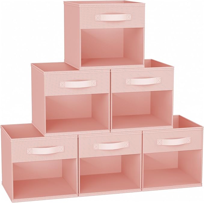 DIMJ Cube Bins, 12.2-Inch Storage Bins Cubes with Window, 6 Packs Collapsible Storage Bins with Handles, Closet Storage Baskets for Organizing Living Room, Office, 6 Pack,Pink by DiMJ
