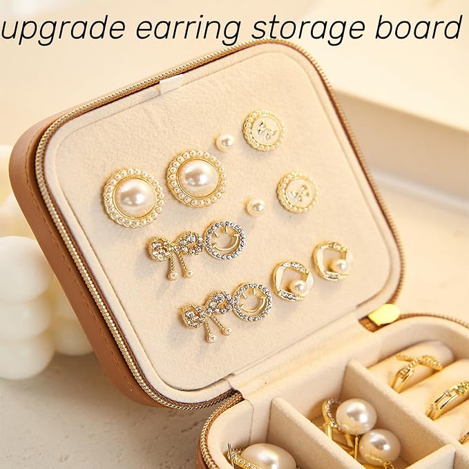 Travel Jewelry Box, PU Leather Small Jewelry Organizer for Women Girls, Portable Mini Travel Case Display Storage Holder Boxes for Stud Earrings, Rings, Necklaces (Brown) - Image 8