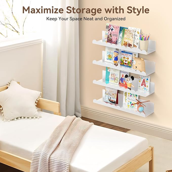 Nursery Book Shelves, 17 Inch Metal Floating Shelves for Wall 4 Pack, Scalloped Shelves, Wall Mounted Book Shelf for Kids Bedroom, Baby Room, Nursery Decor (White) - Image 6