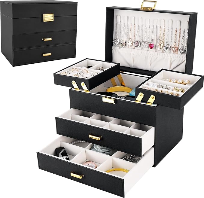 Dajasan Jewelry Organizer Box, Large Jewelry Boxes for Women Girls, Space-Saving 4 Layers Jewelry Storage Case with Drawer, Movable Metal Stand, Modern, Gift Idea (Black + Gold) by DAJASAN