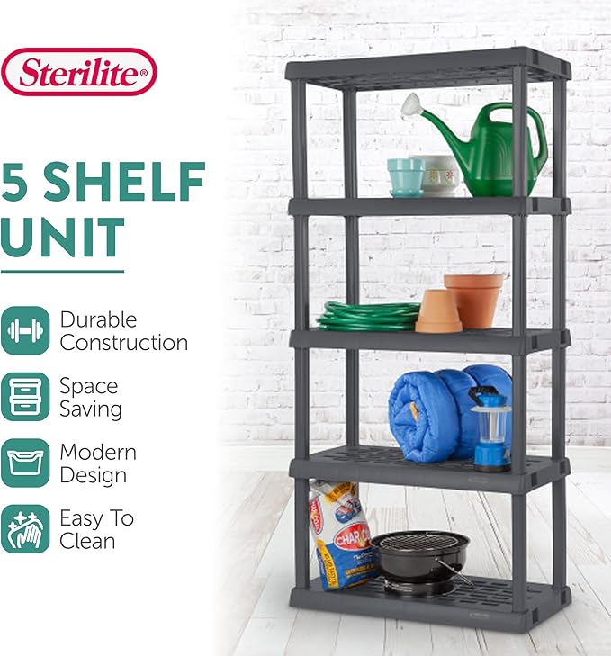 Sterilite 4-Pack 5 Shelf Unit, Heavy-Duty Shelving Storage Rack for Home and Garage, Gray - Multipurpose Plastic Organizer Shelves for Smart Organization - Image 4