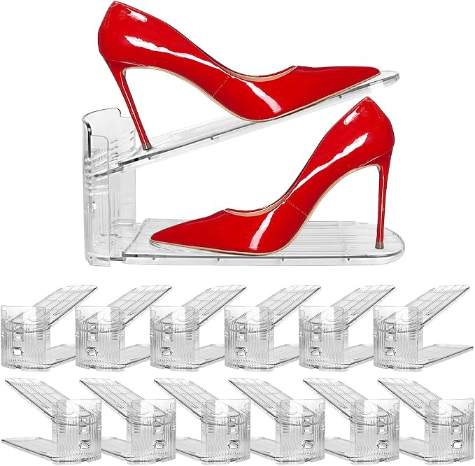12 Pack Clear Shoe Slots Organizer - Adjustable Height 3.7''to 7.7'' Shoe stackers for a pair of shoes ,Shoe rack storage shoe space saver 50%,Easy to assemble shoe hold shoe organizer for cloest by NVGSN