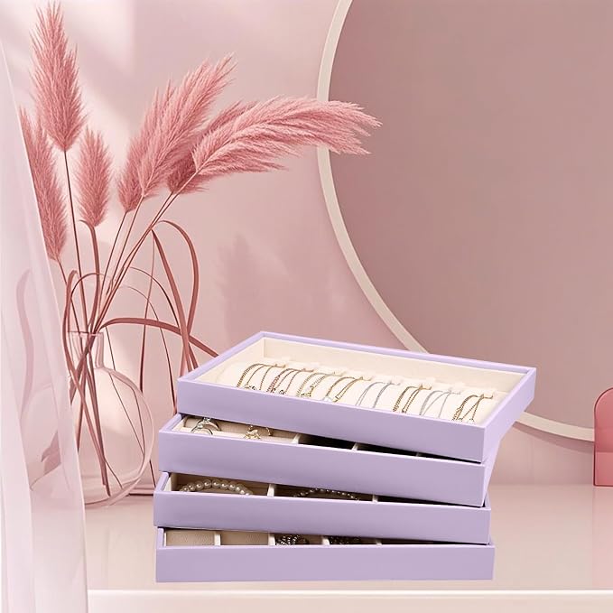 LANDICI Stackable Jewelry Organizer Trays 4 Set,PU Leather Jewelry Organizer Drawer,Jewelry Storage Display Tray for Earring Necklace Rings Bracelet with Removable Dividers,Lavender - Image 7