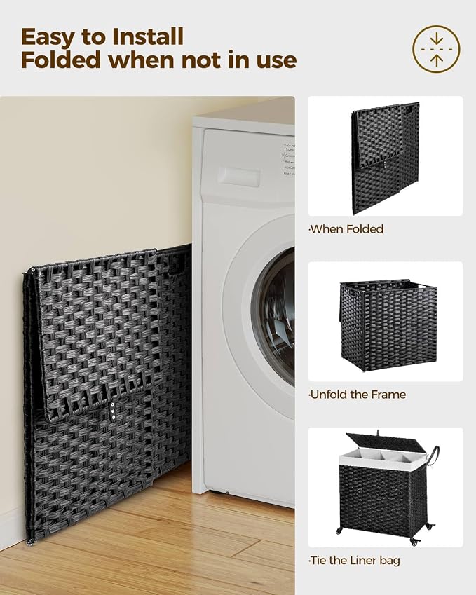 Greenstell Laundry Hamper with Wheels&Lid, 130L Large 3 Sections Clothes Hamper with 2 Types Removable Liner Bags, 5 Mesh Laundry Bags, Handwoven Divided Laundry Basket Black - Image 8
