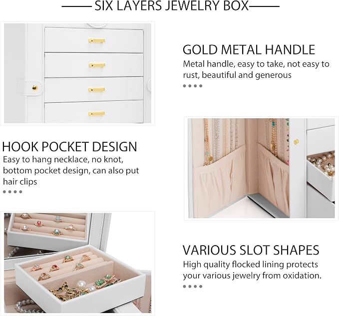 AKOZLIN Large Jewelry Box Organizer Functional with Big Mirror, Leather Jewelry Storage Case for Women Girls Ring Necklace Earring Bracelet Holder Organizer White - Image 7
