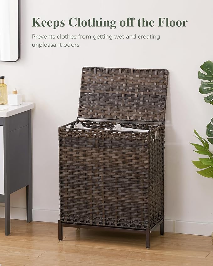 SETVSON Laundry Hamper with Lid, 112 L Handwoven Rattan Wicker Laundry Basket, 2 Removable Liner Bags Metal Heightened Feet, 6 Mesh Bags, 2 Section Large Clothes Hamper for Bathroom Bedroom, Brown - Image 2