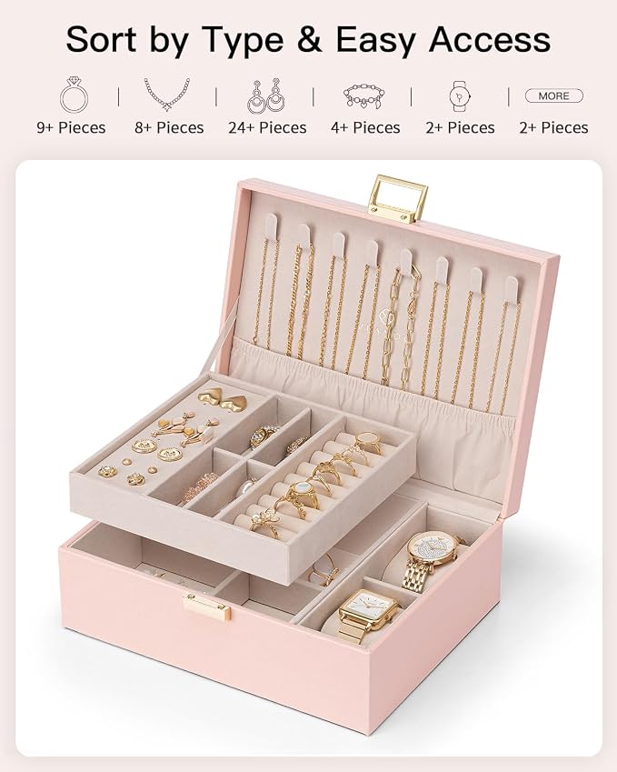 VLANDO 2 Layer Jewelry Box Large Jewelry Organizer for Mothers Day Mom Gifts Jewelery Tray with Watch Pillow for Necklace Earrings Rings Bracelets Jewelry Boxes for Holidays Gifts (Pink) - Image 7