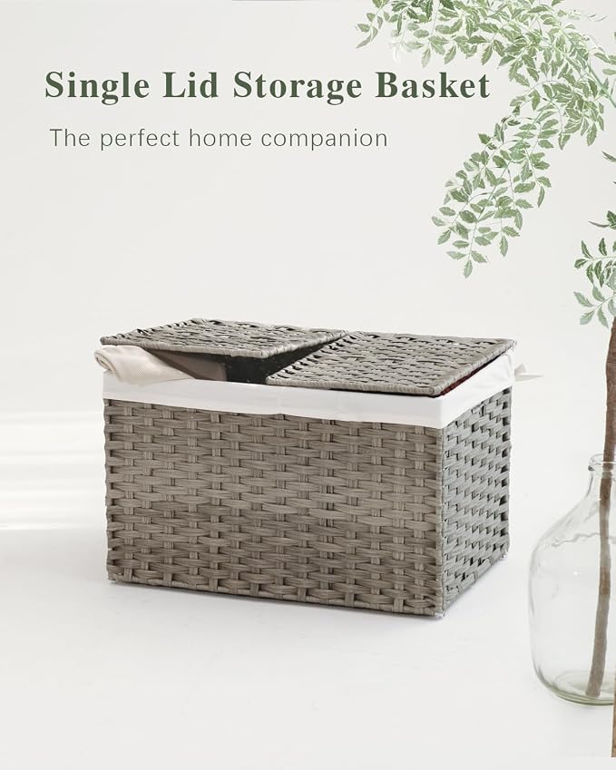 SETVSON Storage Basket with Lid, PE Rattan Woven Storage Baskets with 2 Separate Lids, 17.2 Gallon (65 L), 22.2 x 13 x 13.8 Inches, 2 Removable Liner Bags Handles for Bedroom, Laundry Room Gray - Image 4
