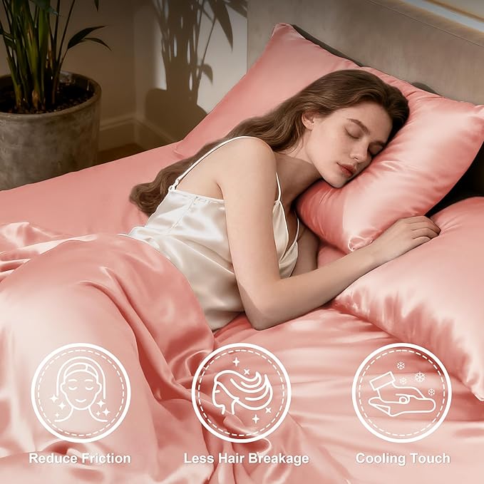 Love's cabin Satin King Sheet Sets - 4 Piece Coral Silky Sheets King Size Bed Set with Deep Pocket, Luxury Silk Feel King Size Satin Sheet Set (1 Flat Sheet,1 Fitted Sheet,2 Pillow Cases)