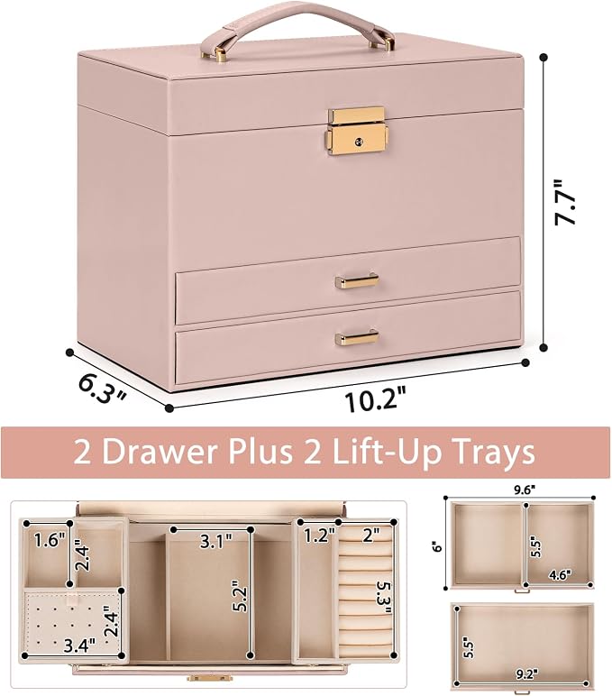 AKOZLIN Travel Jewelry Box Organizer Functional 2-trays Leather Jewelry Storage Case with Lockable Portable 2 Drawers for Women Girls Ring Necklace Earring Bracelet - Image 5
