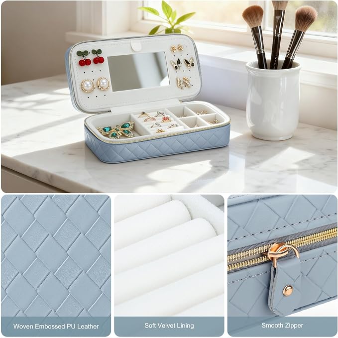 DesignSter Travel Jewelry Case, Woven Embossed PU Leather Jewelry Organizer with Mirror, Small Portable Jewelry Box for Women Rings Necklaces Bracelets Earrings - Image 4