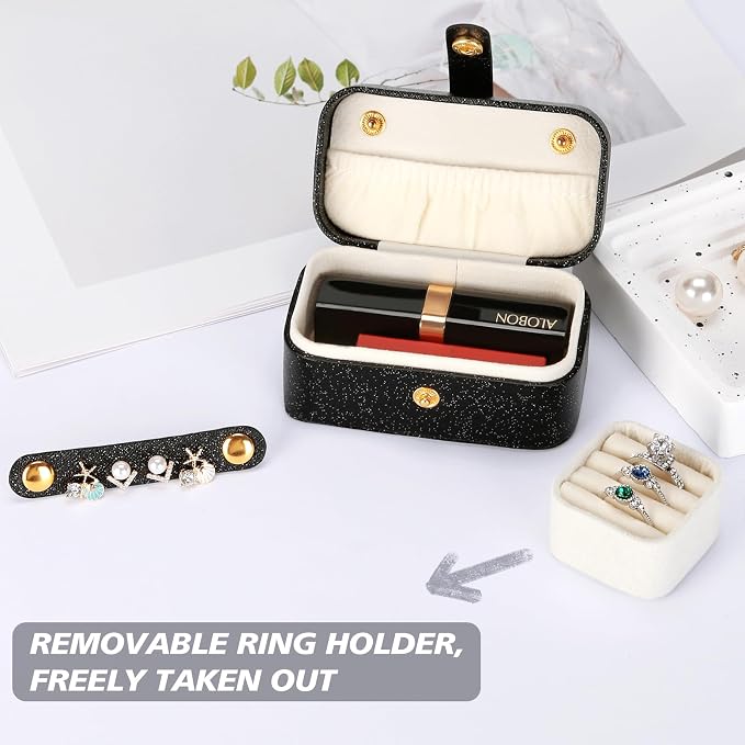 KUKUVR Small Travel Jewelry Box, Mini Jewelry Holder for Multiple Rings Necklace Earrings Lipstick, Portable Jewelry Storage Organizer Case with Removable Ring Slot (BLACK) - Image 5