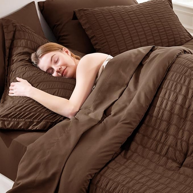 CozyLux Full Size Comforter Sets with Sheets 7 Pieces, Brown Seersucker Bed in a Bag Textured Luxury Soft Bedding Sets with Down Alternative Comforter, Sheets, Pillowcases & Shams for All Seasons