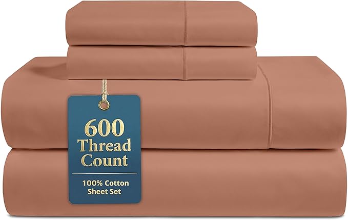 LANE LINEN Cal King Sheet Set - 600 Thread Count Premium Sateen Weave for Hotel Quality Luxury - Thick & Breathable Cotton Sheets for Premium Master Bedrooms - Oeko Tex Certified - Rose Dawn