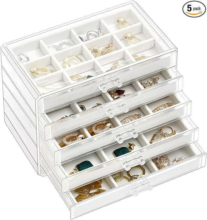 ProCase Earring Holder Organizer Jewelry Box with 5 Drawers, Acrylic Clear Earring Case with Adjustable Velvet Trays for Women - Warmwhite,5 Layers by ProCase