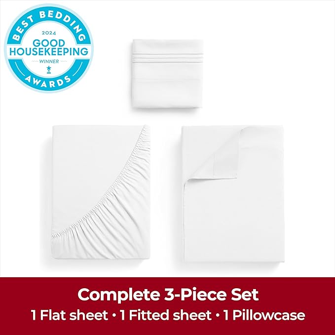 Mellanni Extra Deep Twin Sheets - 3 PC Iconic Collection Bedding - Hotel Luxury, Ultra Soft, Cooling Bed Sheets - Wrinkle, Fade, Stain Resistant (Twin, White)