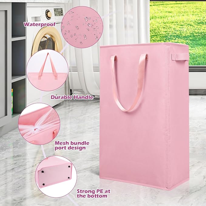 Odonata Slim Laundry Hamper Handles Collapsible Laundry Basket Thin Dirty Clothes Basket Narrow Laundry Bag Foldable Dirty Hamper 45L (Pink) - Image 5