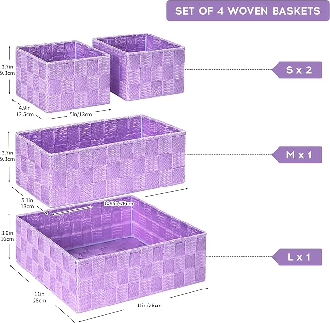 Posprica Woven Storage Baskets for Organizing, Small Black Baskets Cube Bin Container Tote Organizer Divider for Drawer, Closet, Shelf, Dresser, Set of 4(Purple) - Image 2