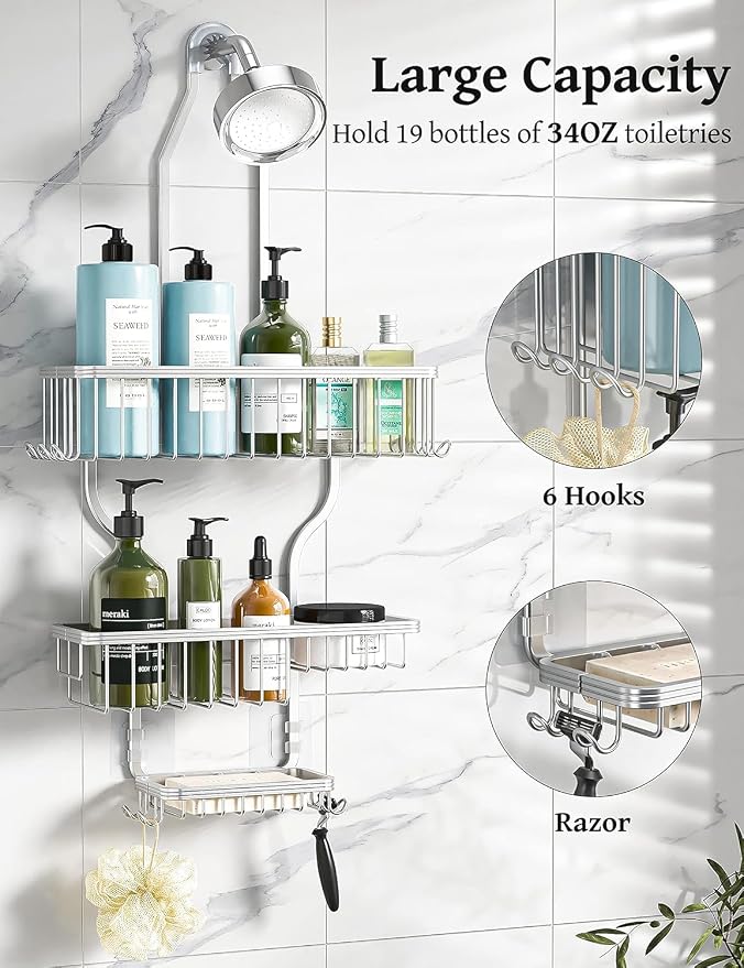 YASONIC Never-Rust Aluminum Hanging Shower Caddy – Over-the-Showerhead Organizer with 10 Hooks for Razor and Sponge – Includes Soap Basket – Silver - Image 2