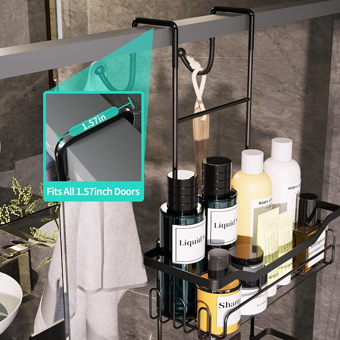 HapiRm Hanging Shower Caddy Over the Door with Soap Holder, No Drilling Adhesive Shower Organizer with 11 Hooks, Rustproof & Waterproof 304 Stainless Steel Bathroom Shelves - Black - Image 4