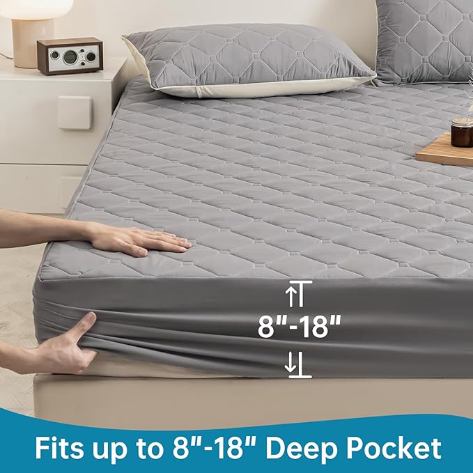 Queen Mattress Protector Waterproof, 18” Deep Pocket Fitted Sheet Queen+2pcs Pillow Cases - Leakproof, Oeko-TEX Certified, Breathable & Noiseless,Machine Washable (Light Grey)