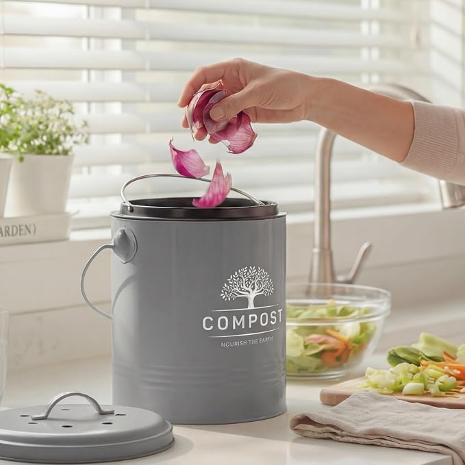 Perfnique Kitchen Compost Bin, 1.3 Gallon Countertop Compost Bin with Lid, Indoor Compost Bucket Includes Inner Bucket Liner and Carbon Filter, Small Compost Bin with Trash Bags (with Bags, Grey) - Image 6