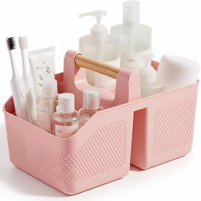 rejomiik Shower Caddy Portable with Bamboo Handle, Plastic Basket Cleaning Caddy Organizer Storage Tote for Bathroom, College, Dorm Room Essentials, Pink by rejomiik