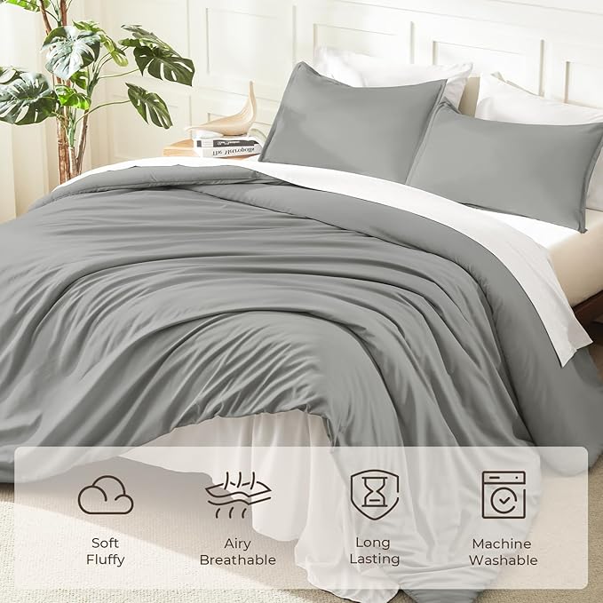 Litanika Comforters Medium Gray California King Size, 3 Pieces Lightweight Solid Bedding Set & Collections, All Season Fluffy Bed Set (104x96In Comforter & 2 Pillowcases)