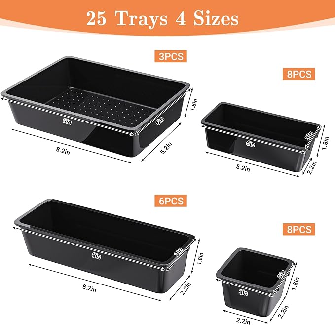 SpaceHacks 25 PCS Plastic Drawer Organizer Set, 4-Size Versatile Organizer Trays & Storage Bins for Makeup, Jewelry, and Gadgets in Bathroom, Bedroom and Office, Black - Image 2