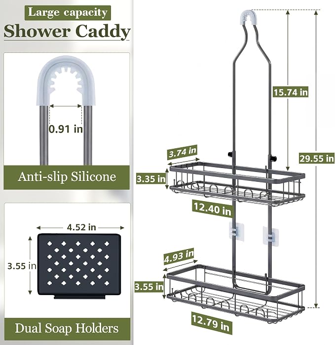 Skyapex Shower Caddy Hanging: Adjustable Height Organizer for Over Showerhead - Rustproof Shower Shelves with Hooks & 2 Soap Holders - Image 2