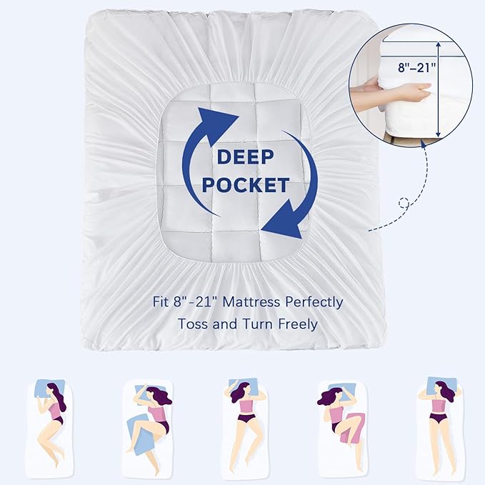 CYMULA Super Queen Mattress Topper Waterproof, Cooling Pillow Top Mattress Topper, Extra Thick Mattress Pad Cover with 8-21 Inch Pockets, Plush Down Alternative Fill Mattress Protector