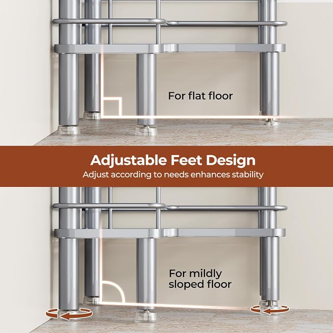 Orimade Rustproof 4 Tier Floor Standing Corner Shower Caddy Organizer with Toothbrush Holder, Large Spacing Floor Shower Shelf Rack Storage Stands with Hooks for Bathroom Kitchen, Silver - Image 7