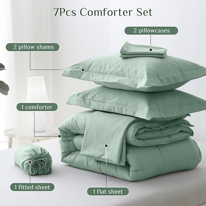 JOLLYVOGUE King Comforter Set, Ultra-Soft Bed in a Bag King Size 7 Pieces, Oeko-TEX Certified Bedding Set with Down Alternative Comforter, Sheets, Pillowcases & Shams, Sage Green