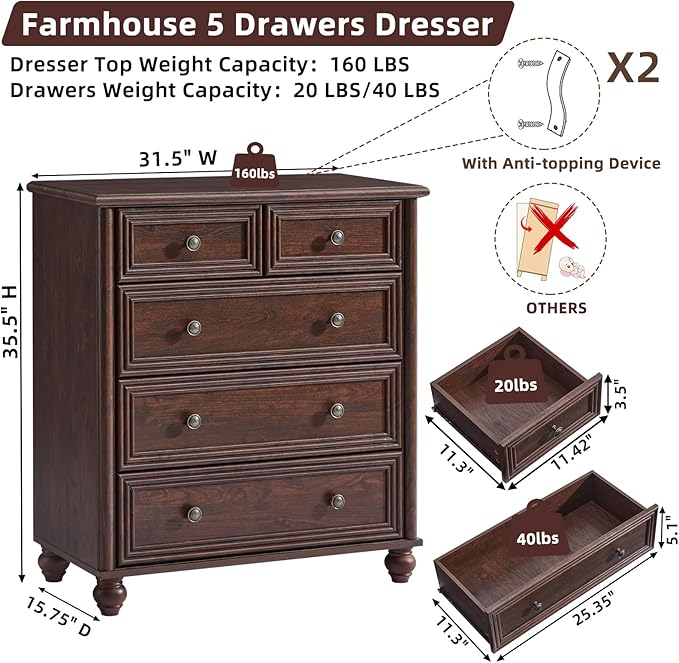RWYHG Farmhouse 5 Drawer Dresser for Bedroom, 35.5" Walnut Tall Small Dressers & Chest of Drawers, Rustic Wood Dresser with Roman Column, Storage Organizer for Living Room, Hallway, Closet