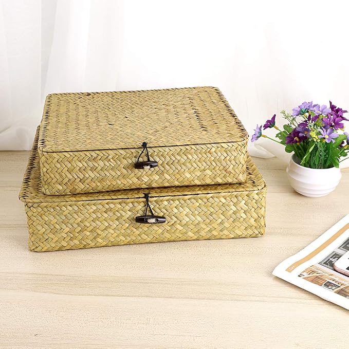 Hipiwe Natural Seagrass Storage Bins with Lid, Woven Wicker Basket Boxes Home Organizer Bins Shelf Organizer Box,Set of 2 - Image 2
