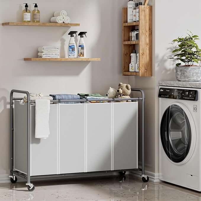 ROMOON Laundry Hamper Sorter Cart: 4-Section Organizer with Heavy-Duty Lockable Wheels and Removable Bags | 180L Rolling Laundry Basket for Dirty Clothes in Laundry Room or Small Spaces (Gray) - Image 2