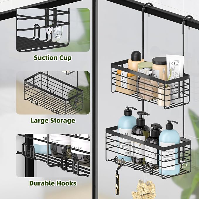 YUOROS Hanging Shower Caddy, 2 Tier Over the Door Shower Organizer Rack Organizer Stainless Steel Rustproof (Black) - Image 3