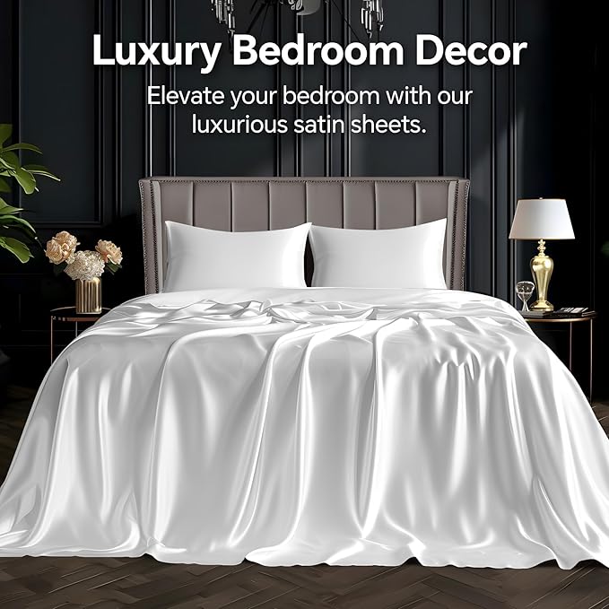 BEDELITE Satin Sheets Twin Size Bed Set, Luxury Soft White Silky Sheets for Hair and Skin, Similar to Silk Bed Sheets Set 3 Pieces with 1 Deep Pocket Fitted Sheet, 1 Flat Sheet, and 1 Pillowcase