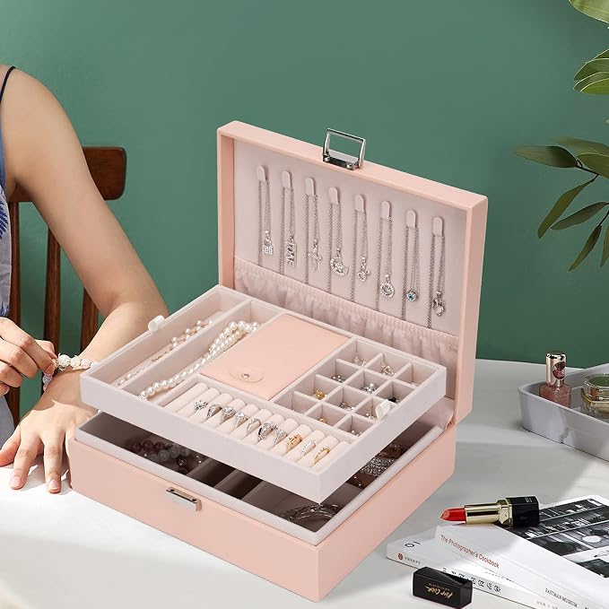 Jewelry Organizer Box Travel Jewelry Box Storage Organizer Case Earring Ring Necklace Box Large Travel Jewelry Case/PINK - Image 5