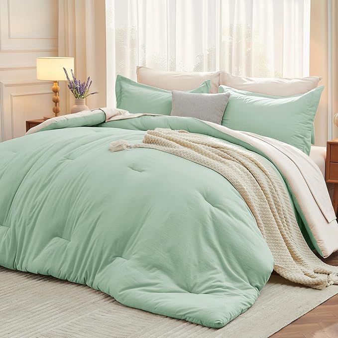 MUXHOMO 7 Pieces Queen Comforter Set, Soft Bed in a Bag Queen Size, All Season Bedding Set with Comforter, Flat Sheet, Fitted Sheet, Pillowcases & Shams, Sage Green & Beige