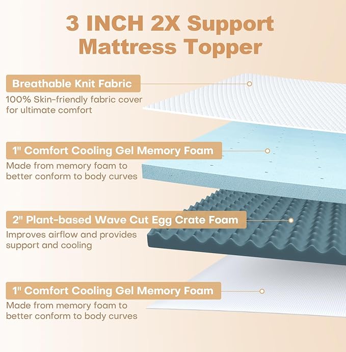3 Inch Memory Foam Mattress Topper Full Size, 2 Inch Cooling Egg Crate Gel Memory Foam Plus 1 Inch High Density Gel Bed Topper