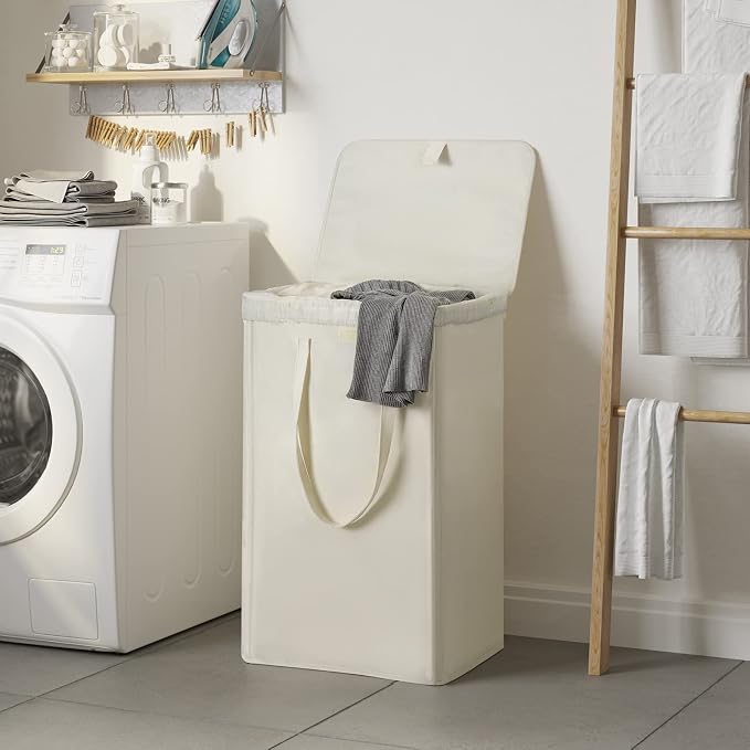 WOWLIVE 100L Laundry Hamper with Lid, Large Foldbale Laundry Basket with 2 Removable Bags and Handles, Tall Collapsible Dirty Clothes Hamper for Laundry Room, Bathroom, Dorm (Beige) - Image 2